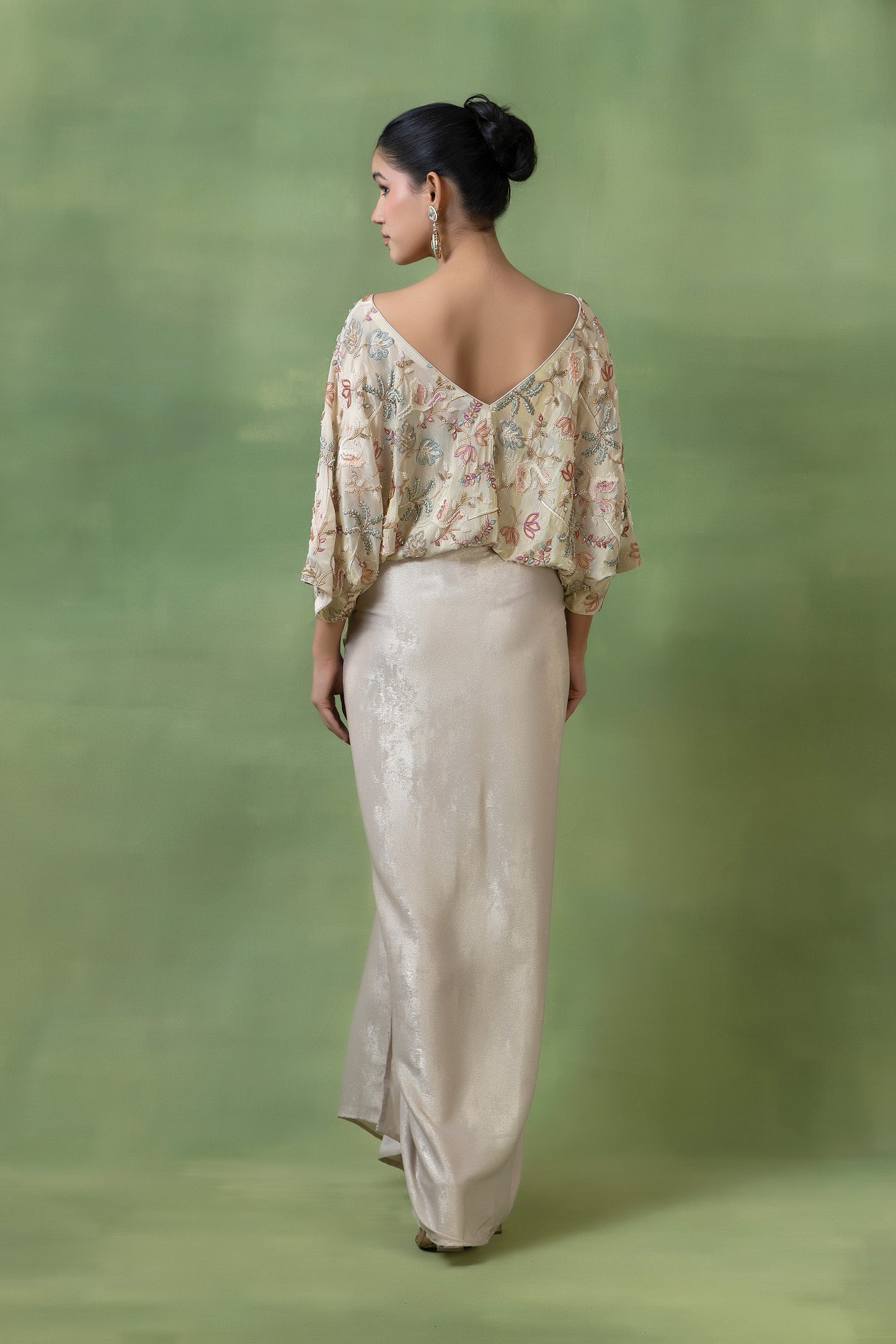 Off-White Embellished Tissue Top with Silk Skirt