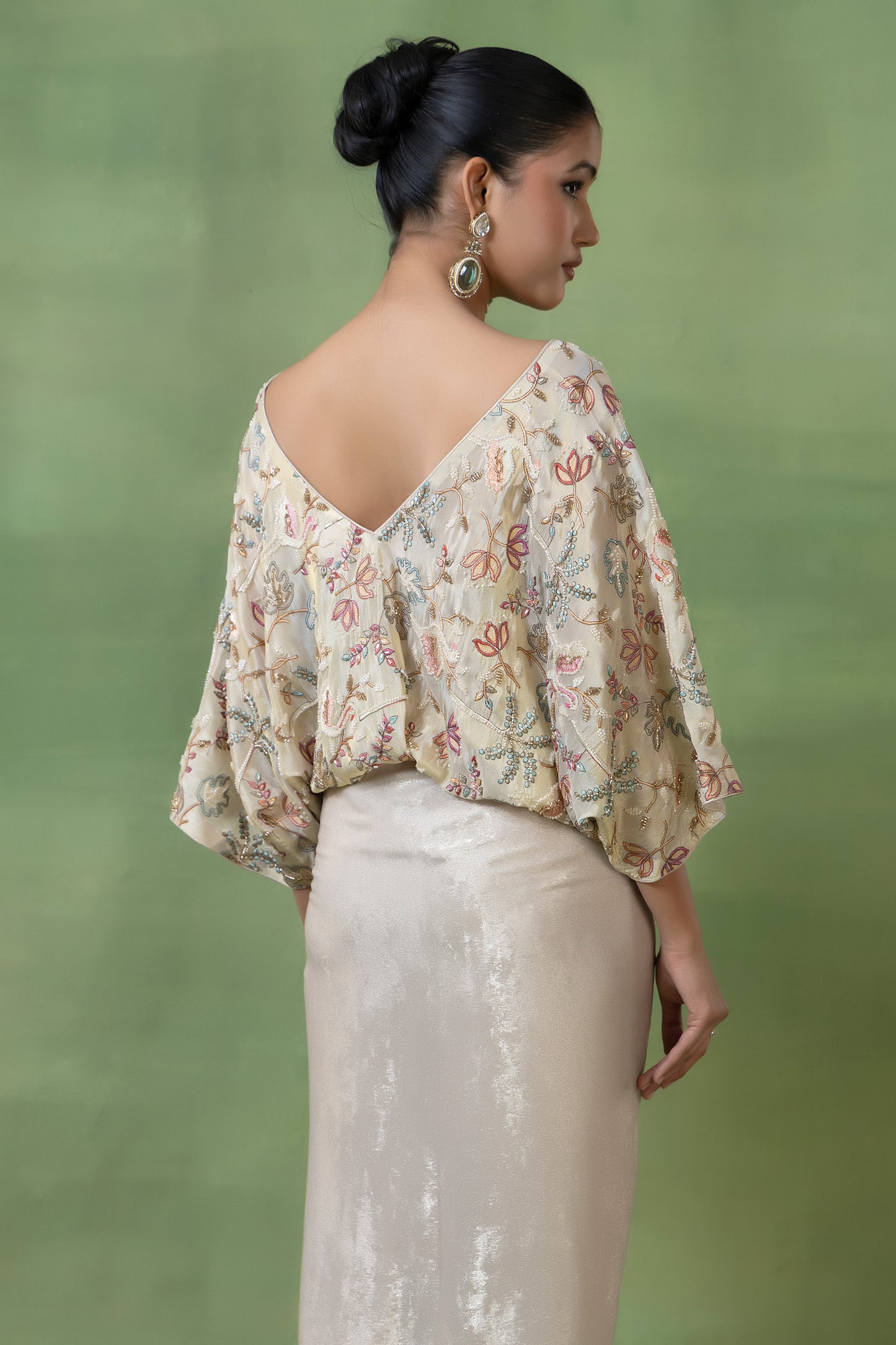 Off-White Embellished Tissue Top with Silk Skirt