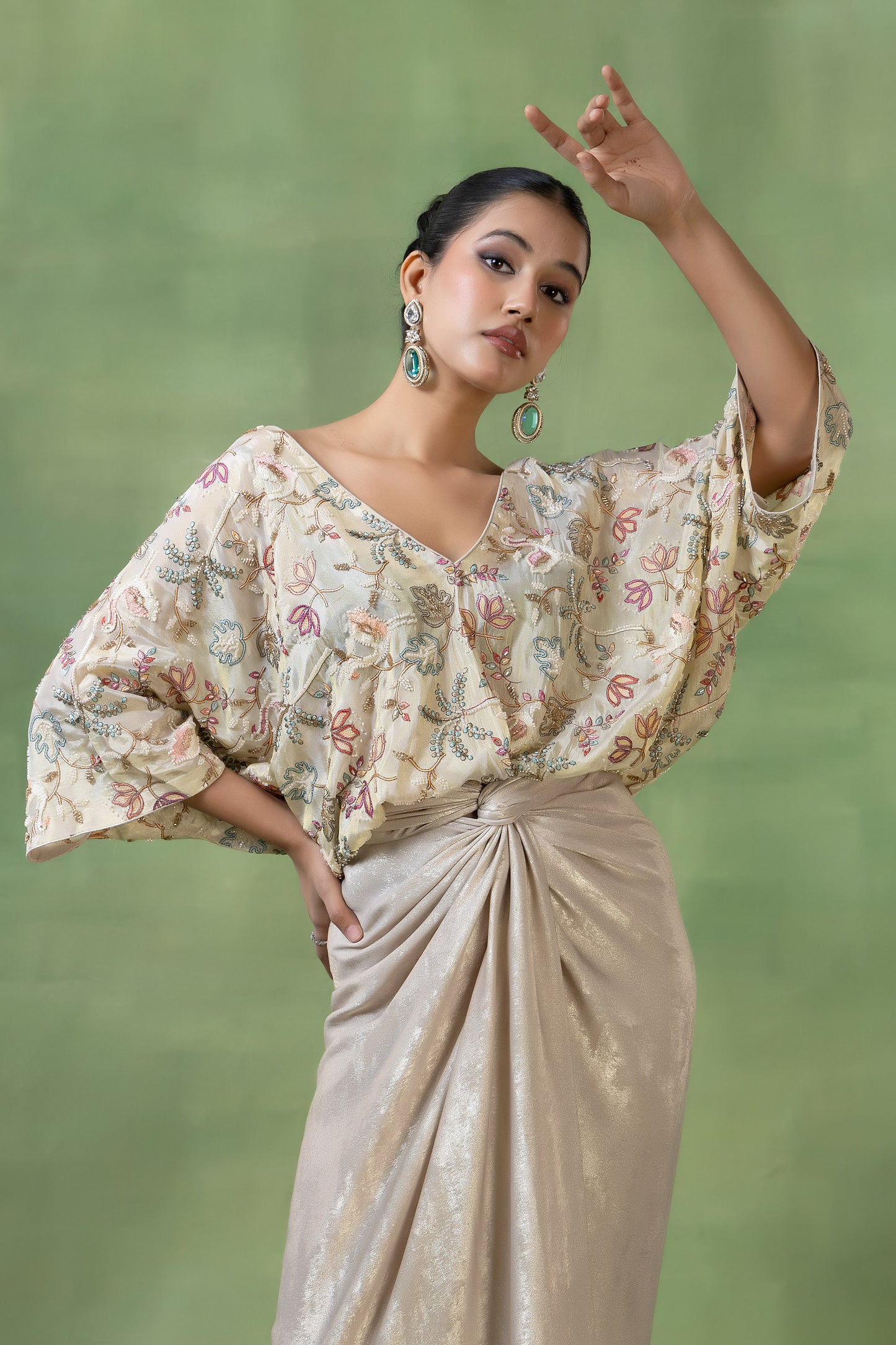 Off-White Embellished Tissue Top with Silk Skirt