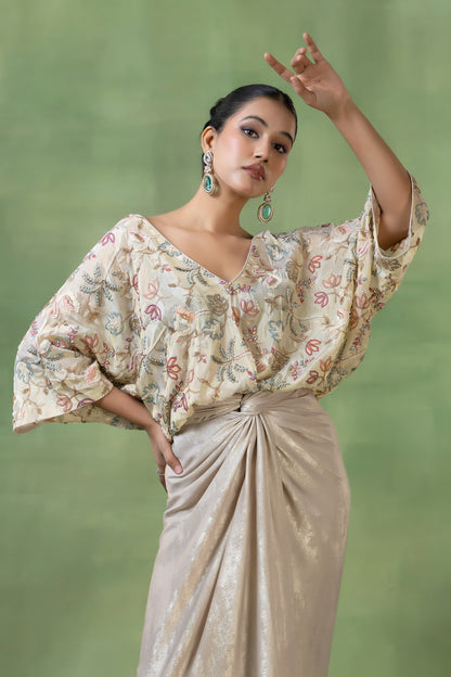 Off-White Embellished Tissue Top with Silk Skirt