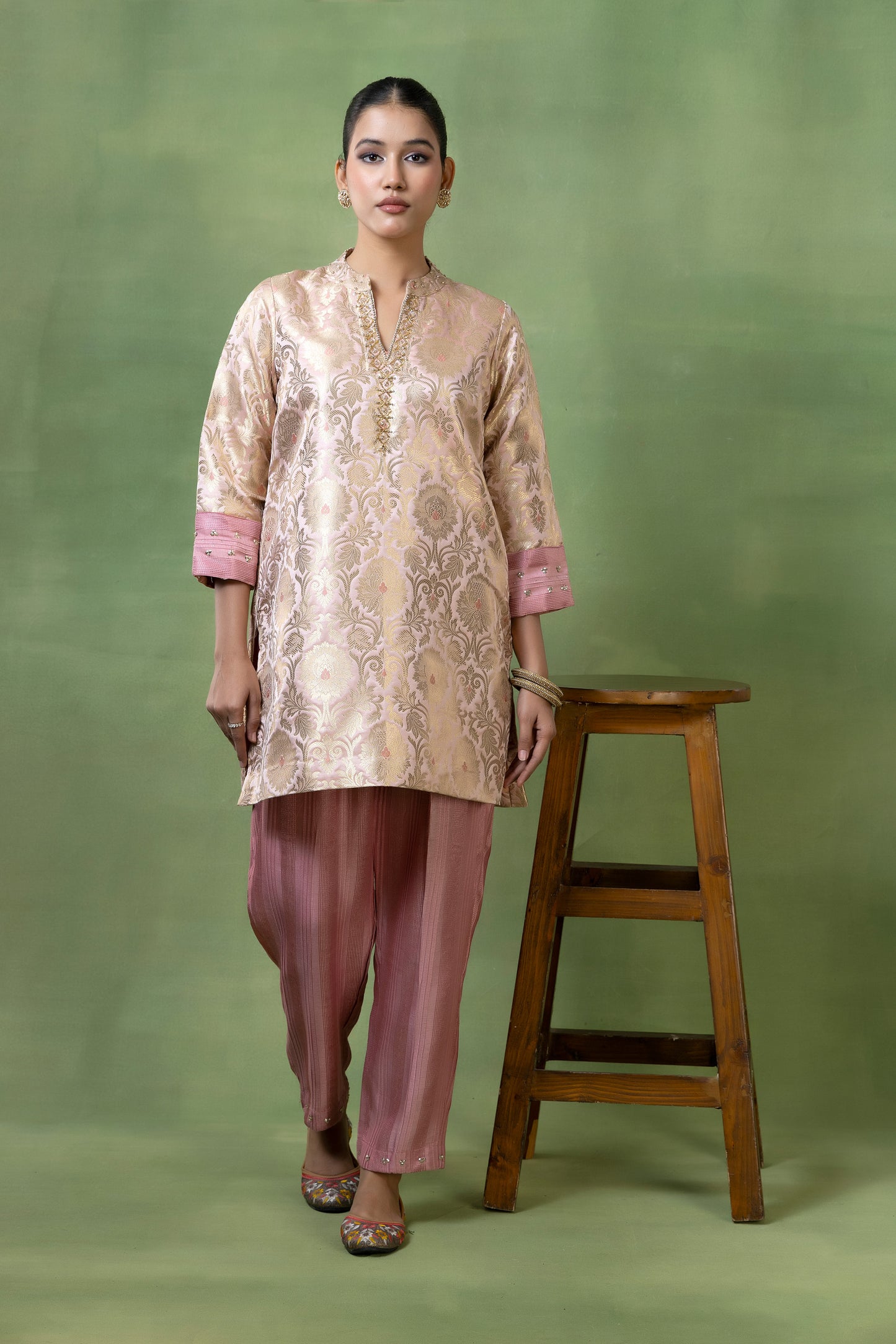 Vintage Rose Brocade Kurta with Hand Embellishments & Silk Pleated Pants