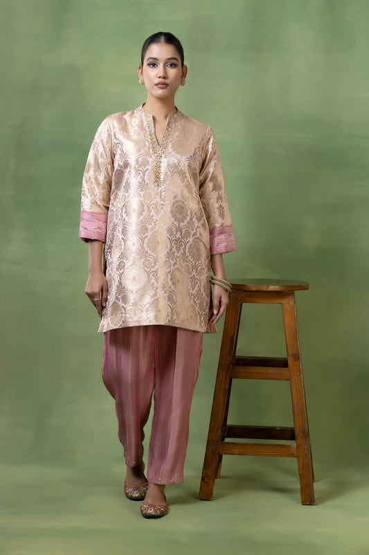 Vintage Rose Brocade Kurta with Hand Embellishments & Silk Pleated Pants