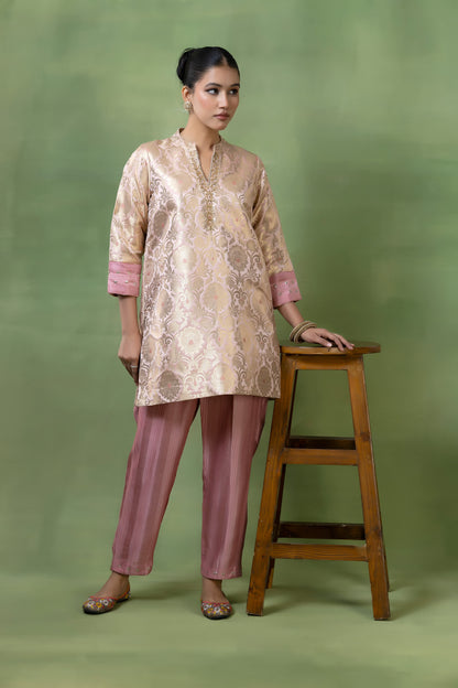Vintage Rose Brocade Kurta with Hand Embellishments & Silk Pleated Pants