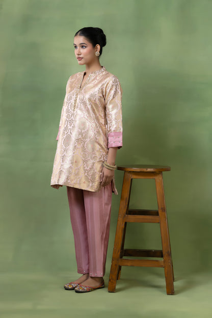 Vintage Rose Brocade Kurta with Hand Embellishments & Silk Pleated Pants