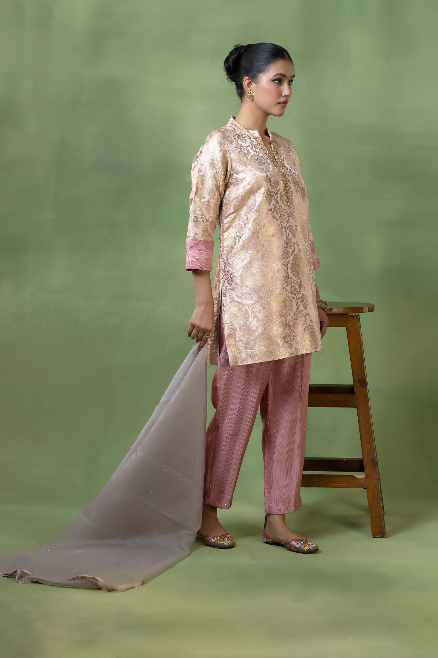 Vintage Rose Brocade Kurta with Hand Embellishments & Silk Pleated Pants
