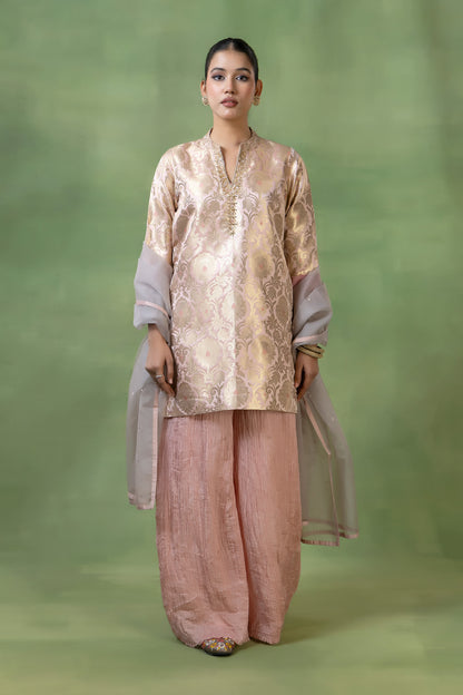 Vintage Rose Brocade Kurta with Hand Embellishments & Silk Pleated Pants
