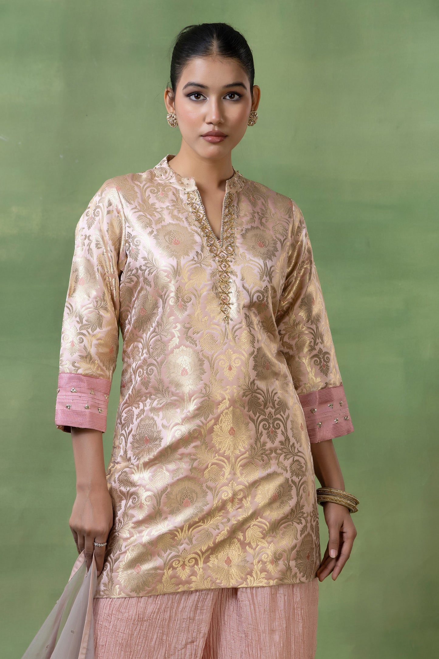 Vintage Rose Brocade Kurta with Hand Embellishments & Silk Pleated Pants