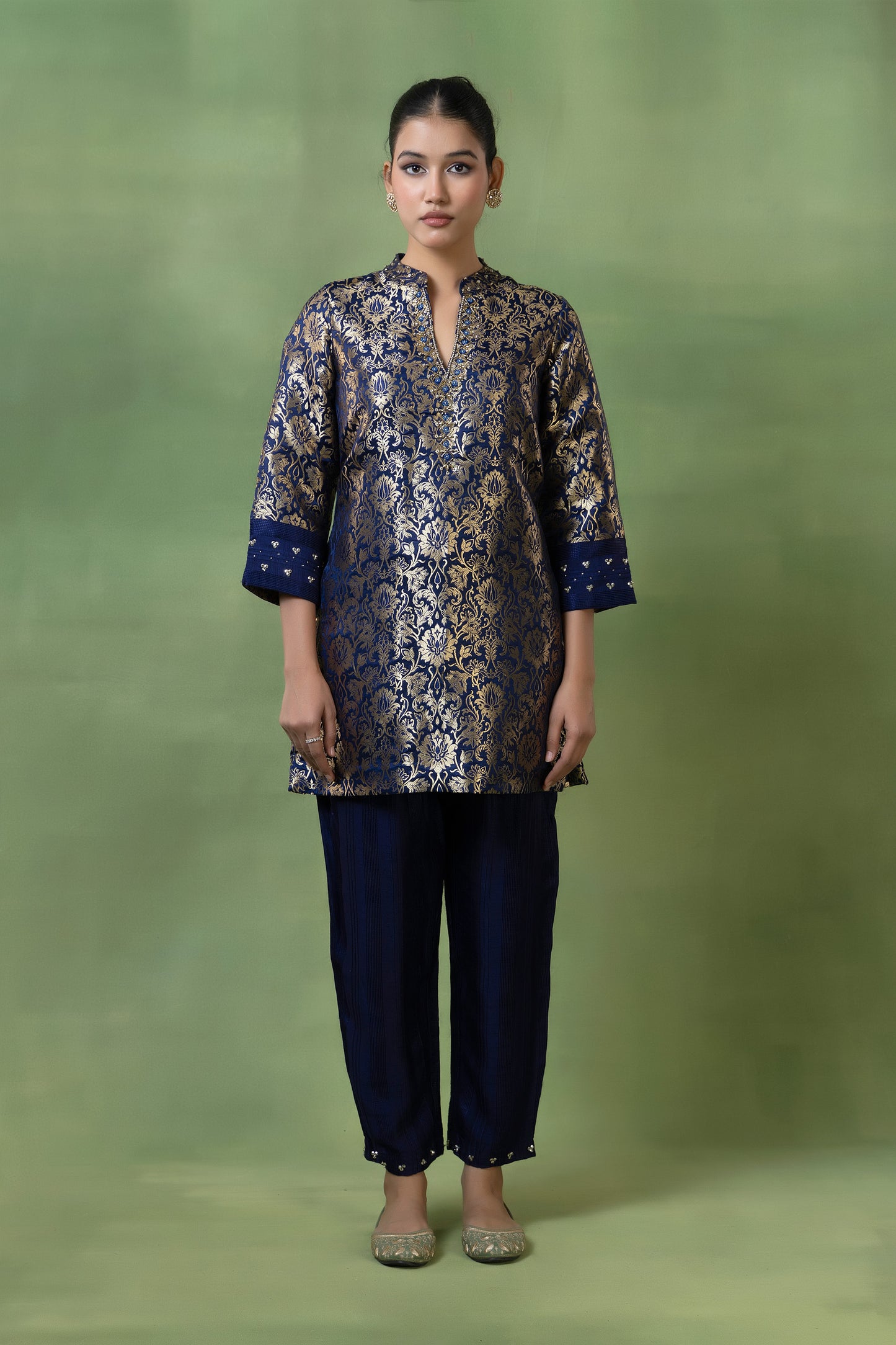 Brocade Hand-Embellished Kurta with Silk Pleated Pants