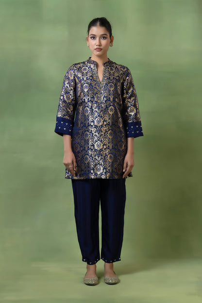 Brocade Hand-Embellished Kurta with Silk Pleated Pants