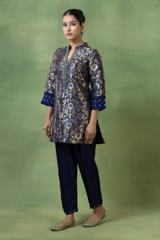 Brocade Hand-Embellished Kurta with Silk Pleated Pants