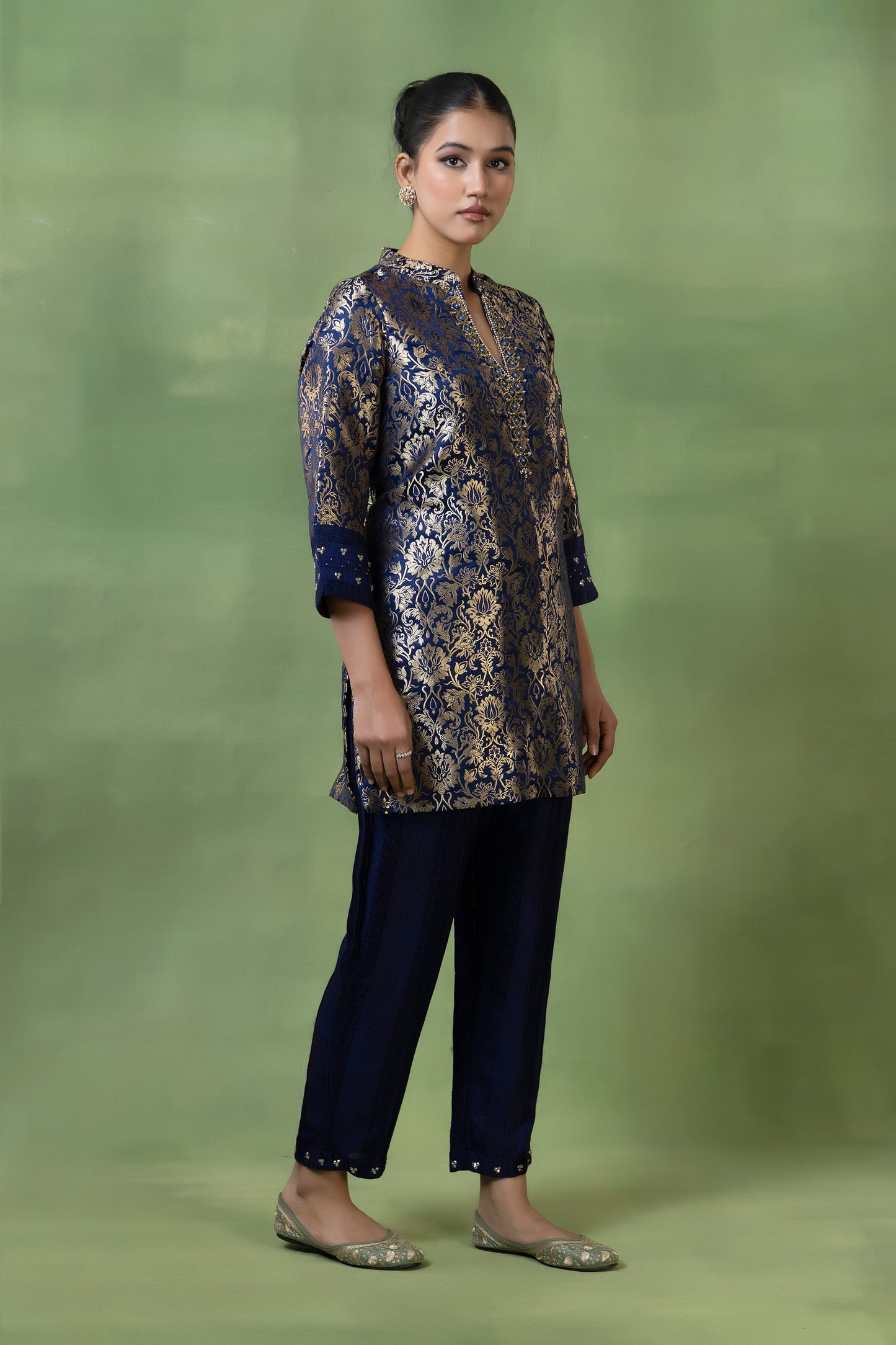 Brocade Hand-Embellished Kurta with Silk Pleated Pants
