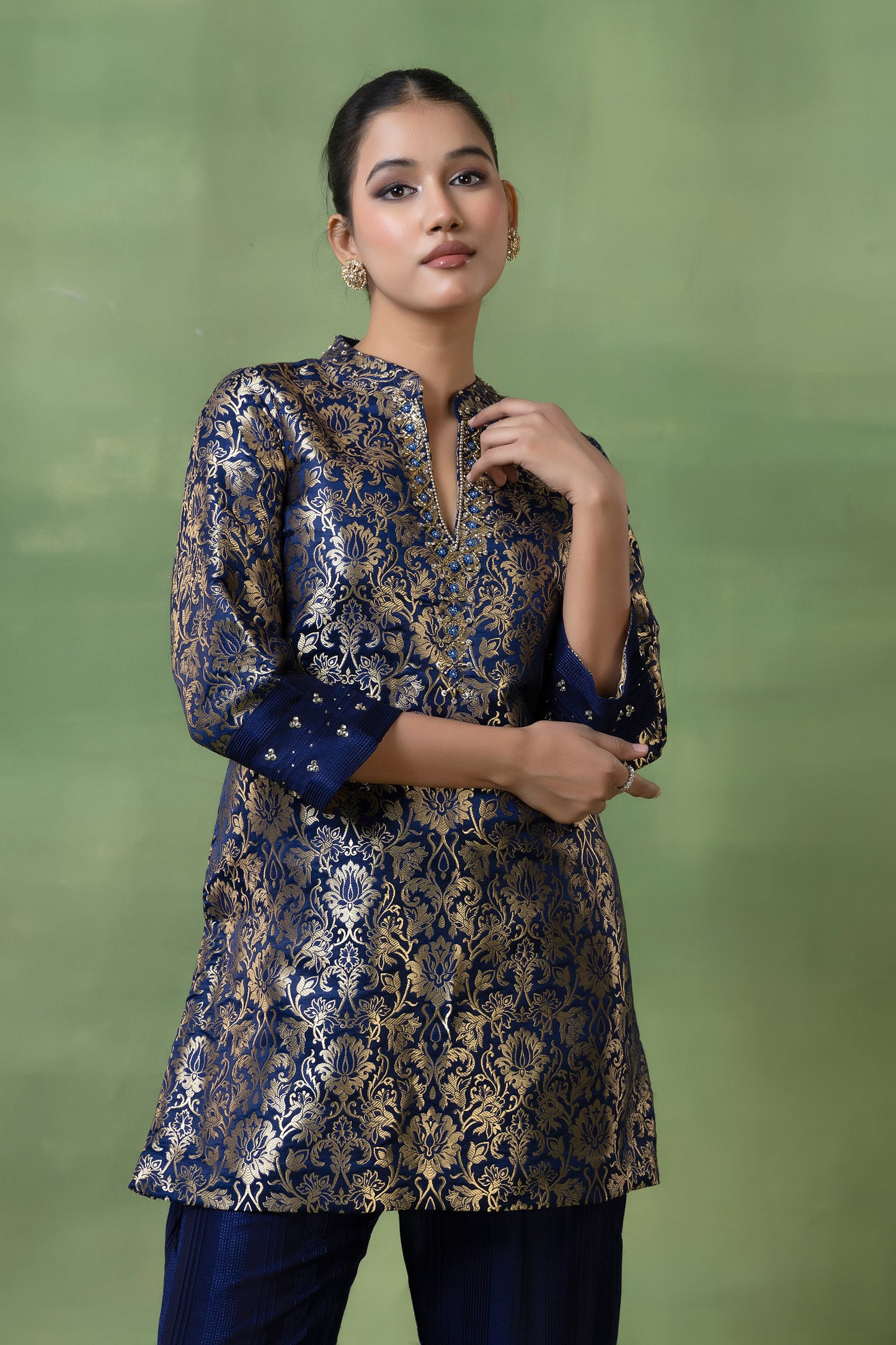 Brocade Hand-Embellished Kurta with Silk Pleated Pants