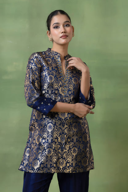 Brocade Hand-Embellished Kurta with Silk Pleated Pants