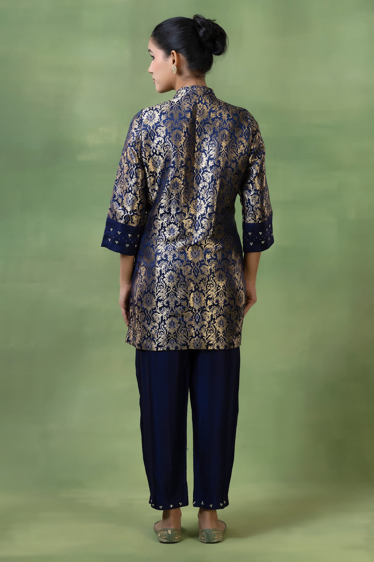 Brocade Hand-Embellished Kurta with Silk Pleated Pants