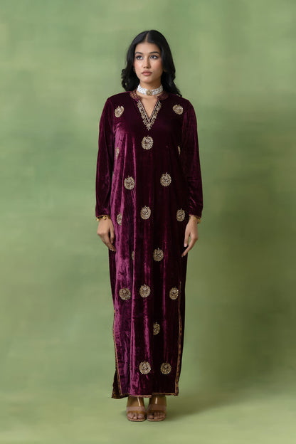 Maroon Velvet Hand-Embellished V-Neck Gown