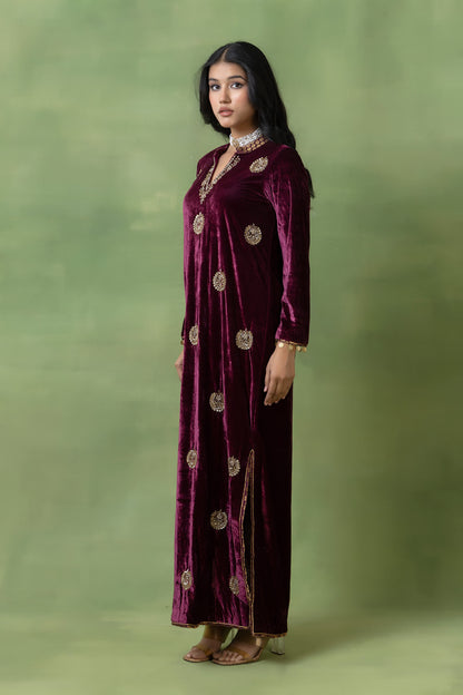 Maroon Velvet Hand-Embellished V-Neck Gown