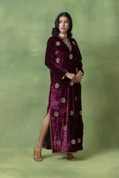 Maroon Velvet Hand-Embellished V-Neck Gown