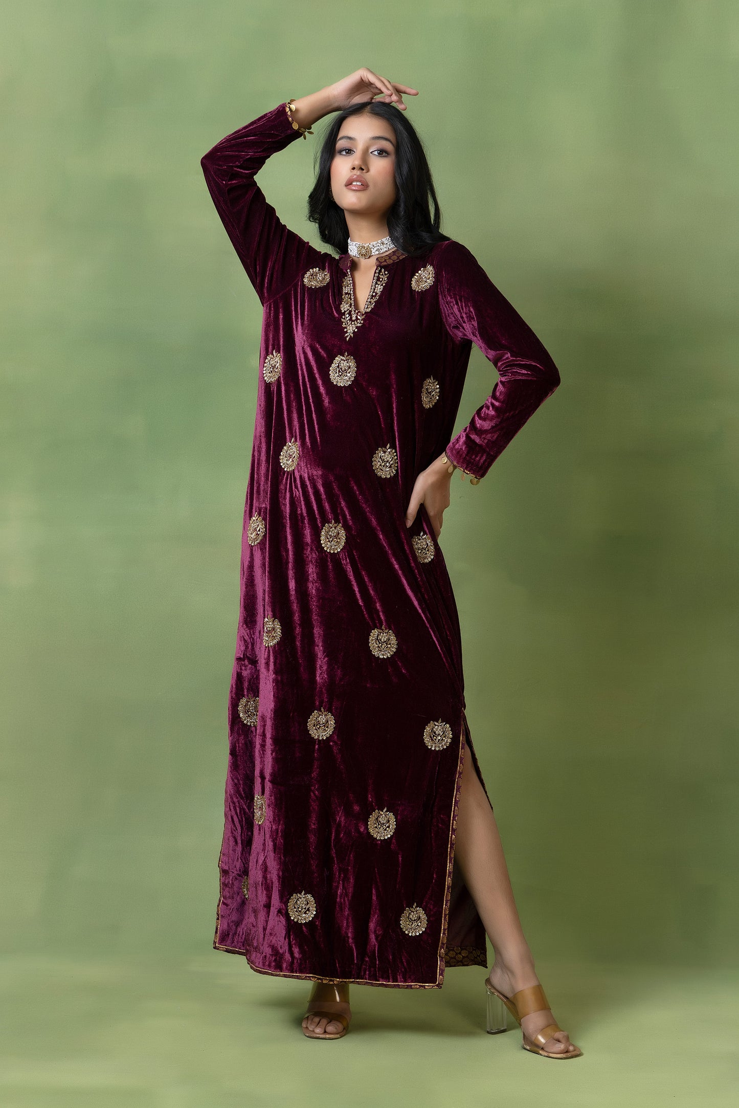 Maroon Velvet Hand-Embellished V-Neck Gown