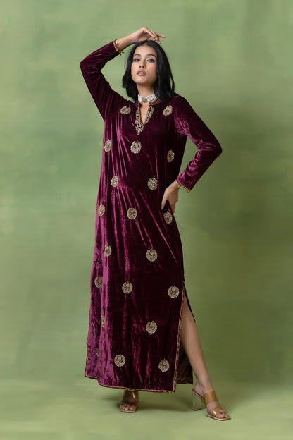 Maroon Velvet Hand-Embellished V-Neck Gown