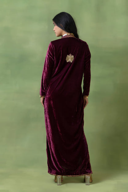 Maroon Velvet Hand-Embellished V-Neck Gown