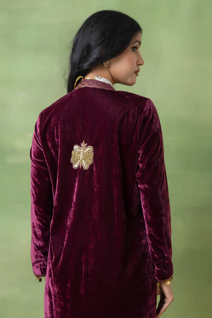 Maroon Velvet Hand-Embellished V-Neck Gown