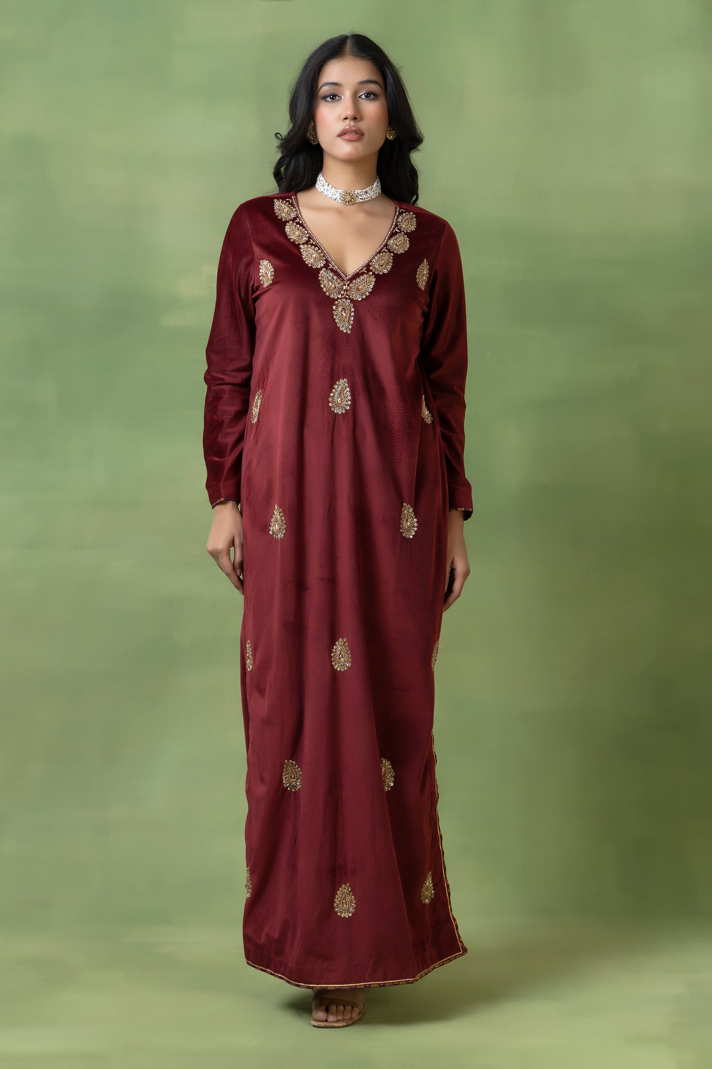 Brick Red Velvet Hand-Embellished Gown