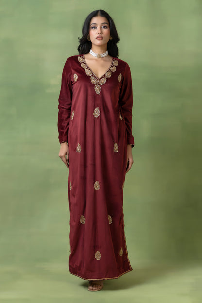 Brick Red Velvet Hand-Embellished Gown