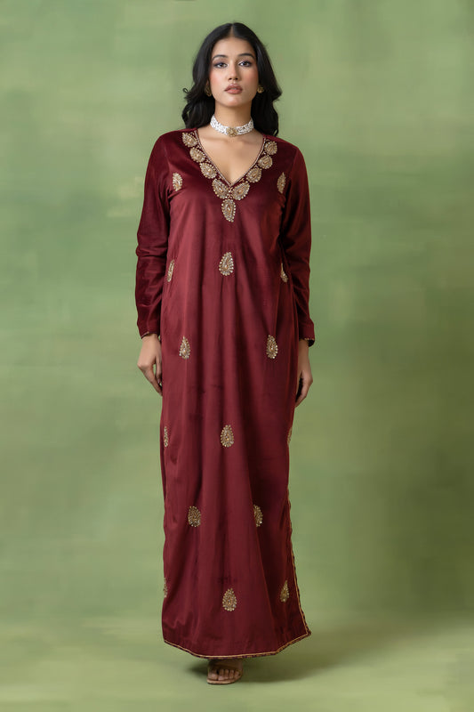 Brick Red Velvet Hand-Embellished Gown