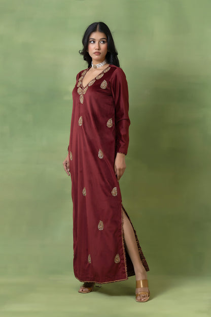 Brick Red Velvet Hand-Embellished Gown