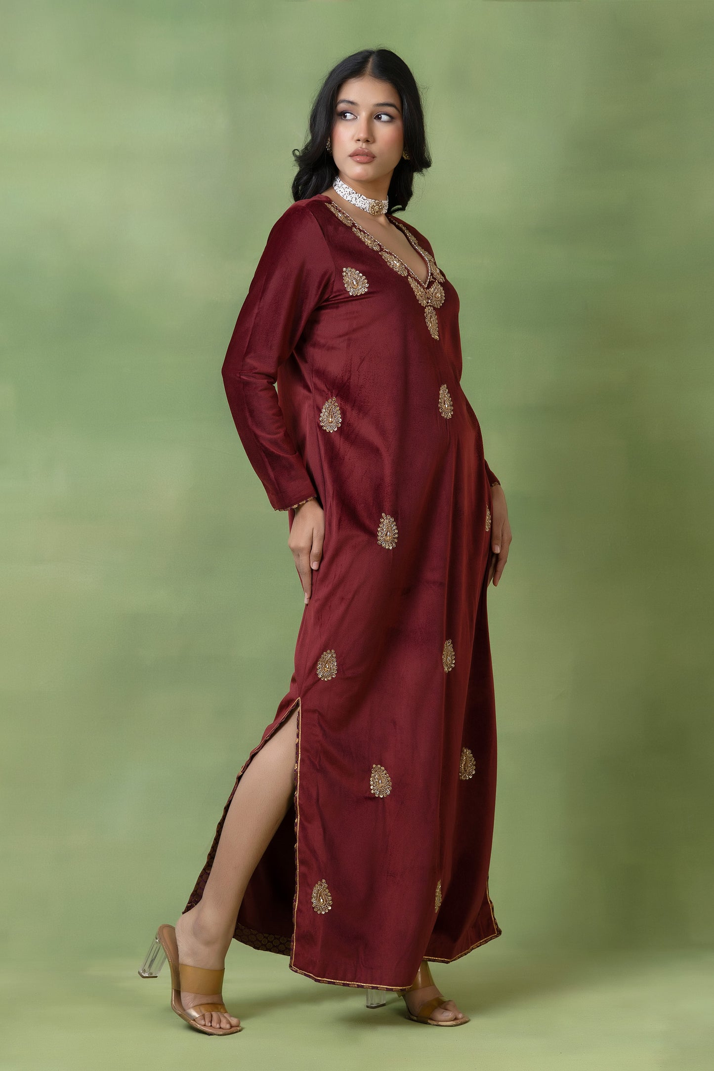 Brick Red Velvet Hand-Embellished Gown