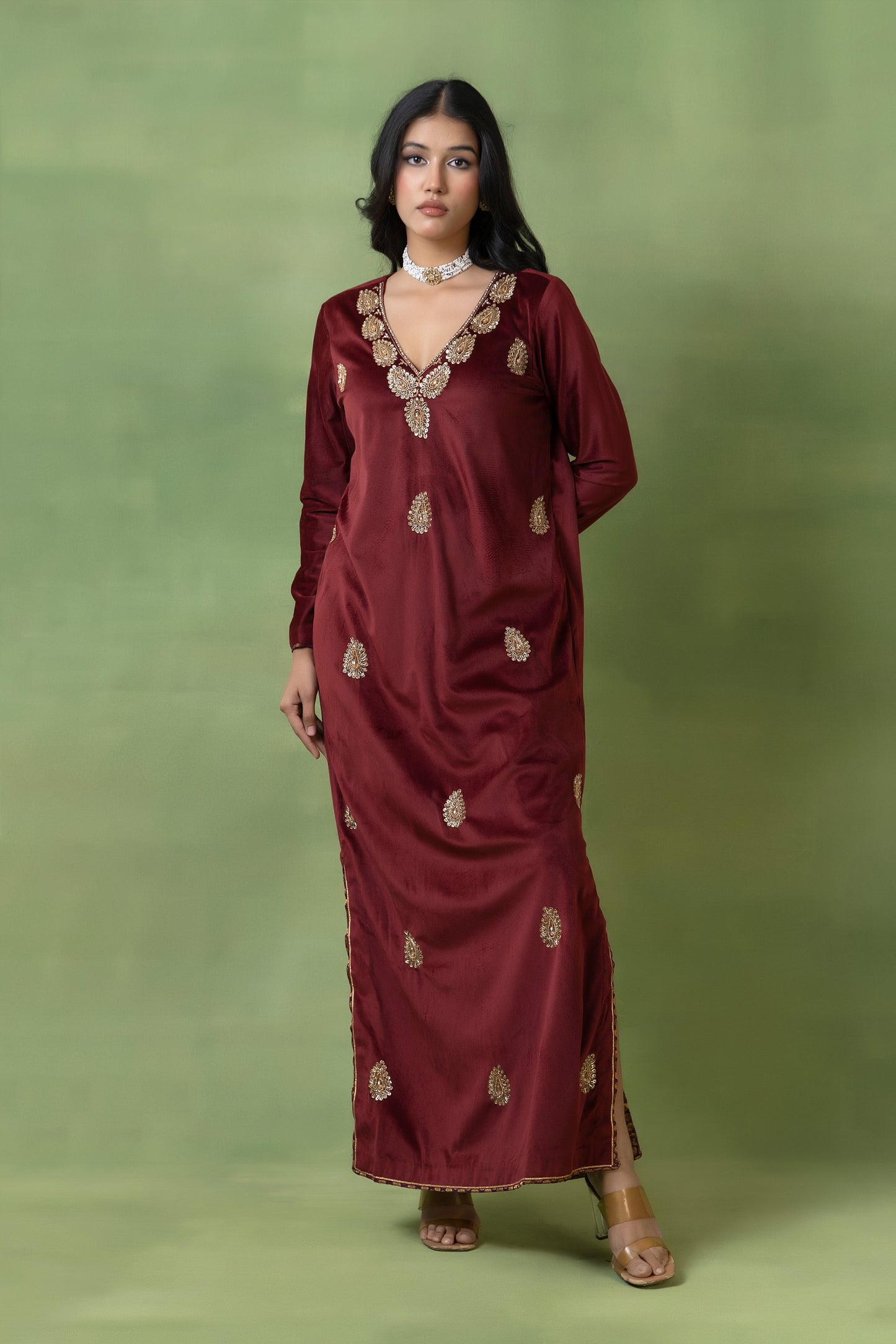 Brick Red Velvet Hand-Embellished Gown