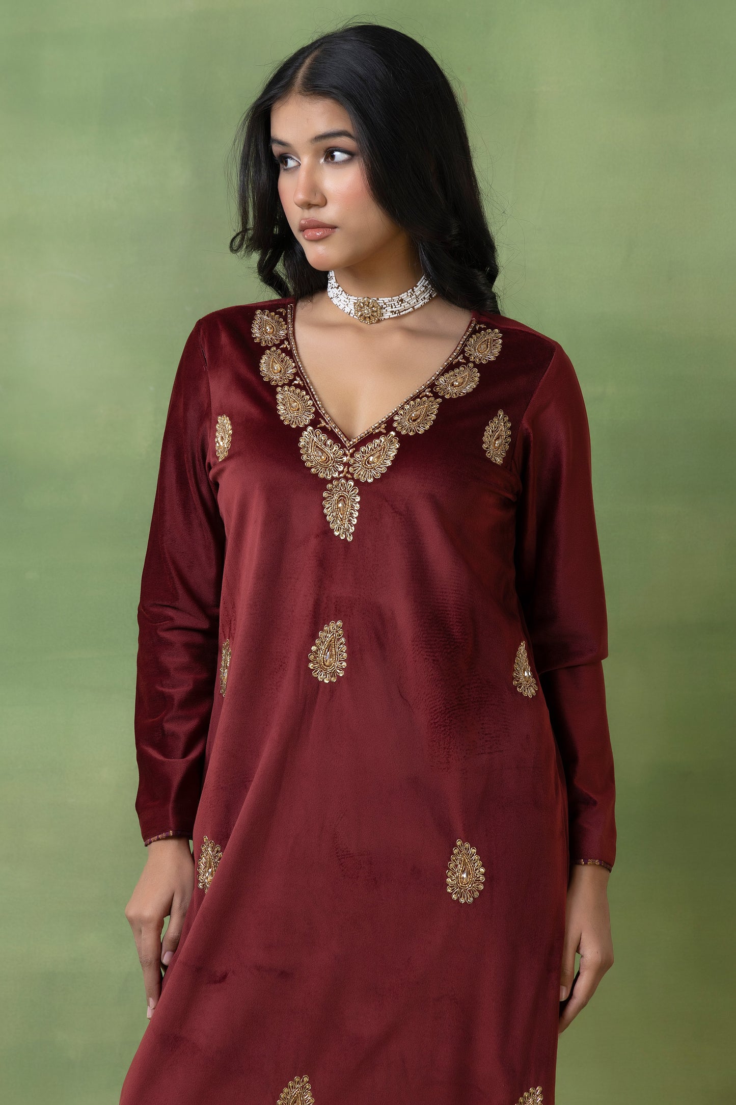 Brick Red Velvet Hand-Embellished Gown