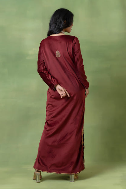 Brick Red Velvet Hand-Embellished Gown