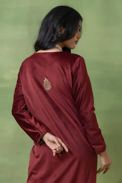 Brick Red Velvet Hand-Embellished Gown