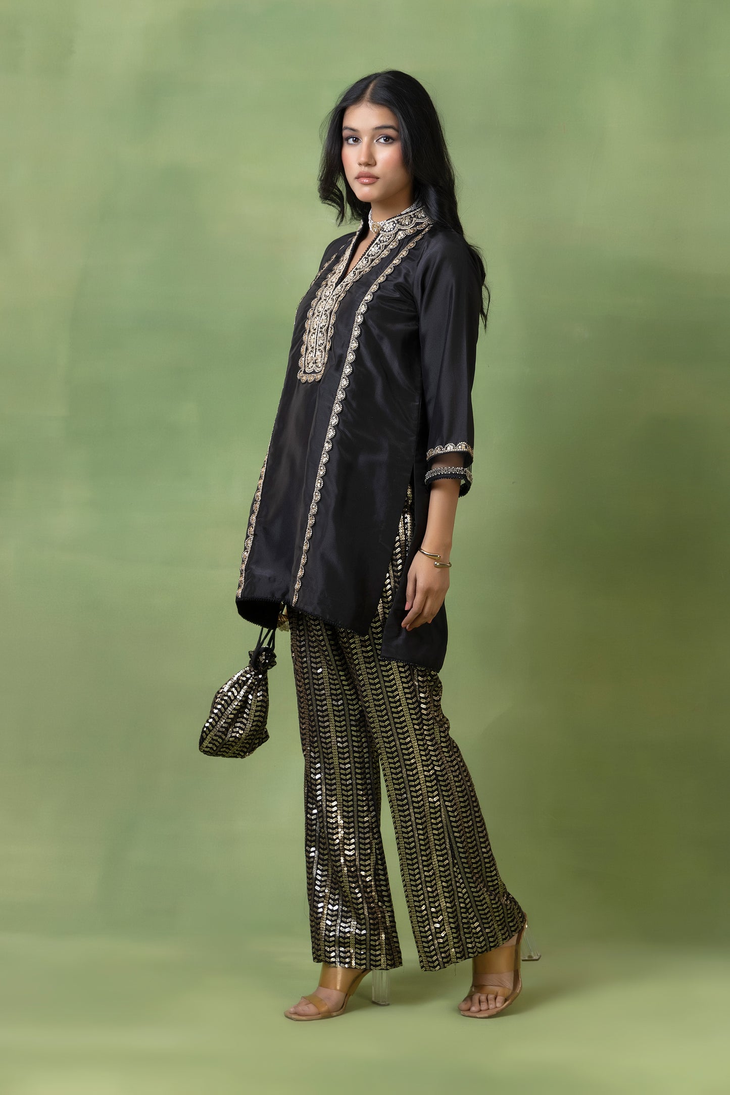 Noir Gota Silk Kurta Set