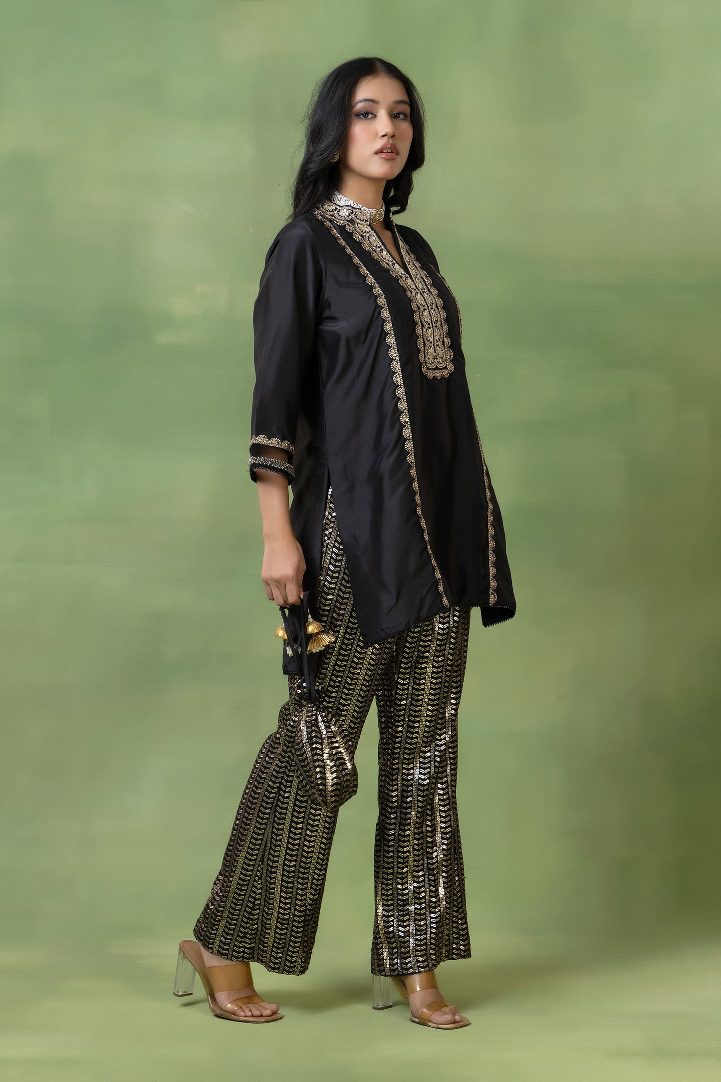Noir Gota Silk Kurta Set