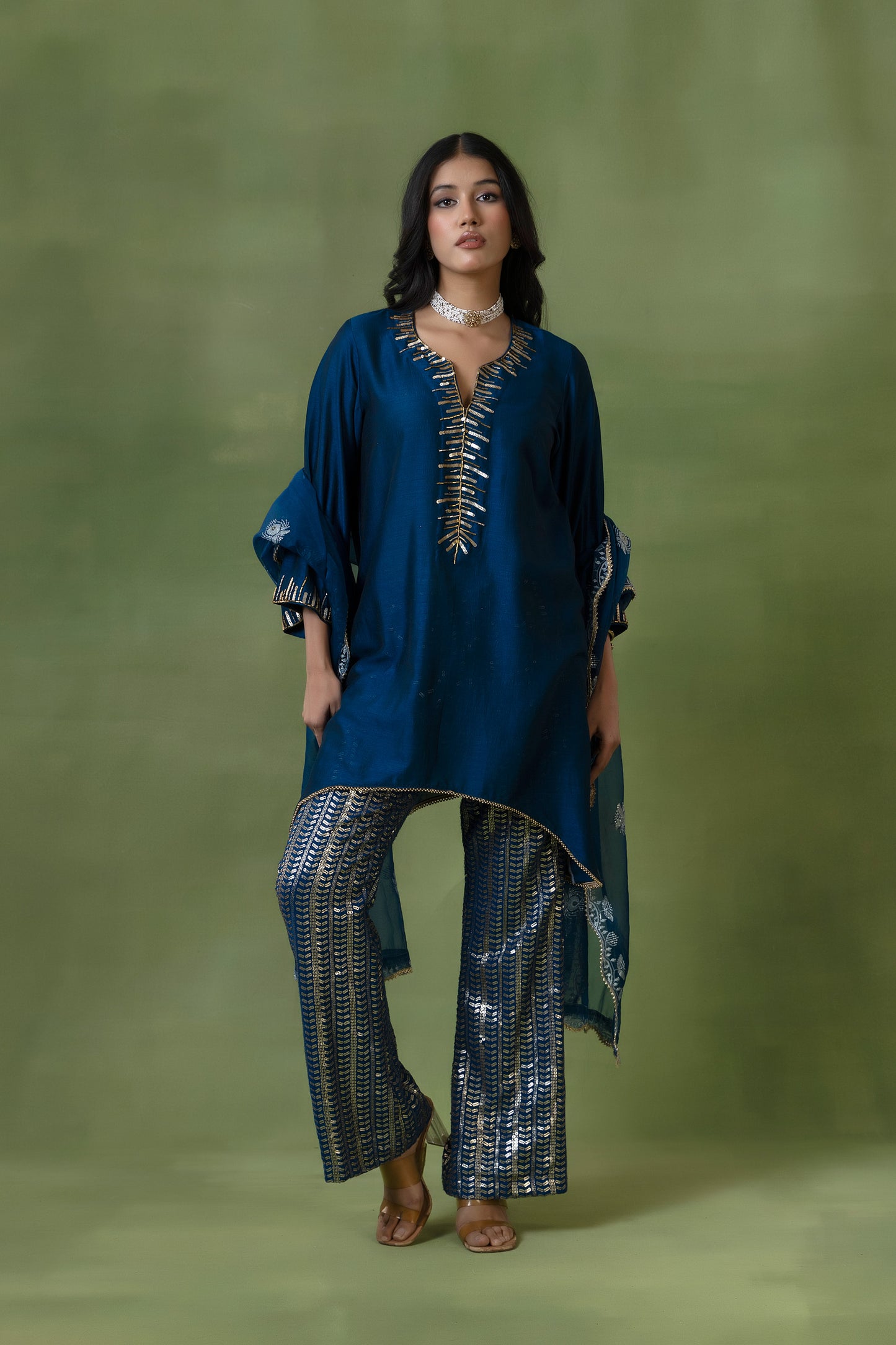 Blue Silk Kurta Set with Sequin Pants