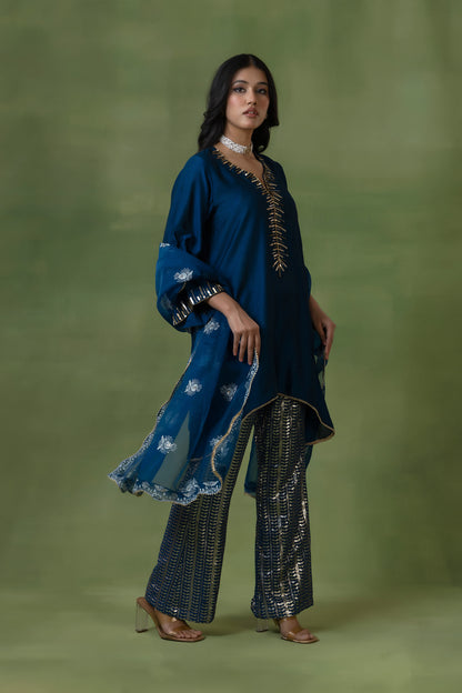 Blue Silk Kurta Set with Sequin Pants