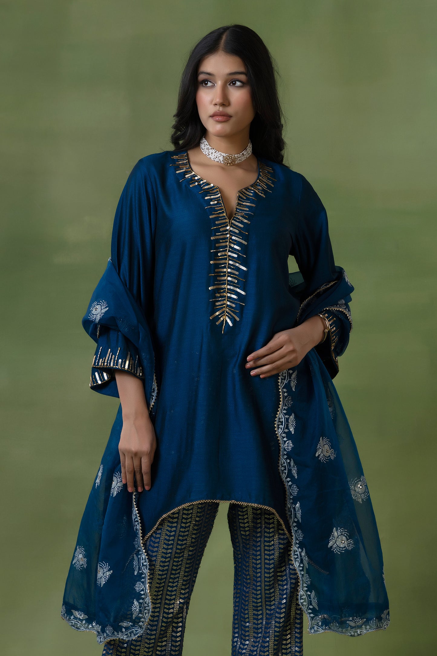 Blue Silk Kurta Set with Sequin Pants