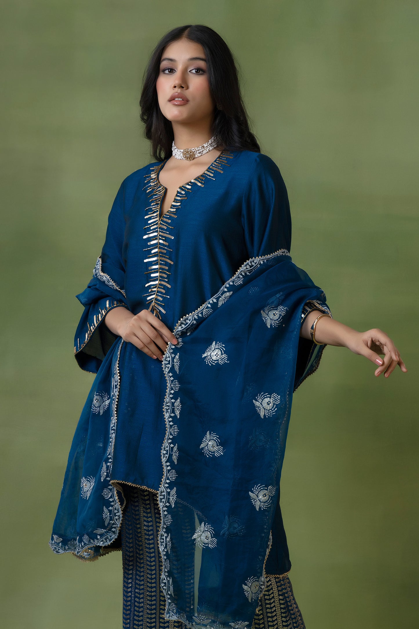 Blue Silk Kurta Set with Sequin Pants