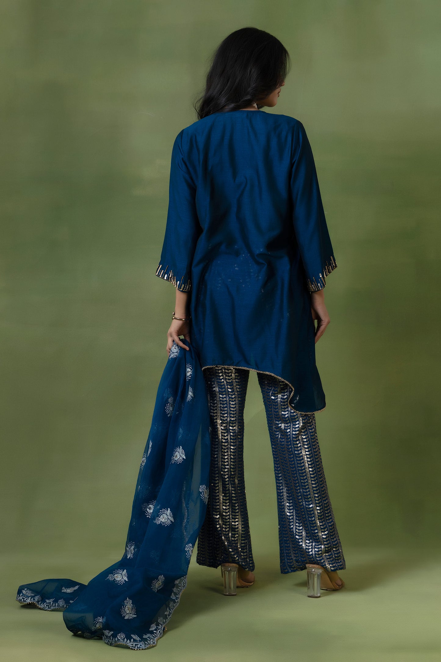 Blue Silk Kurta Set with Sequin Pants