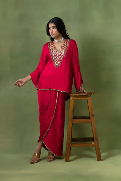 Red Hand-Embroidered Satin Silk Skirt Set with Lace Details