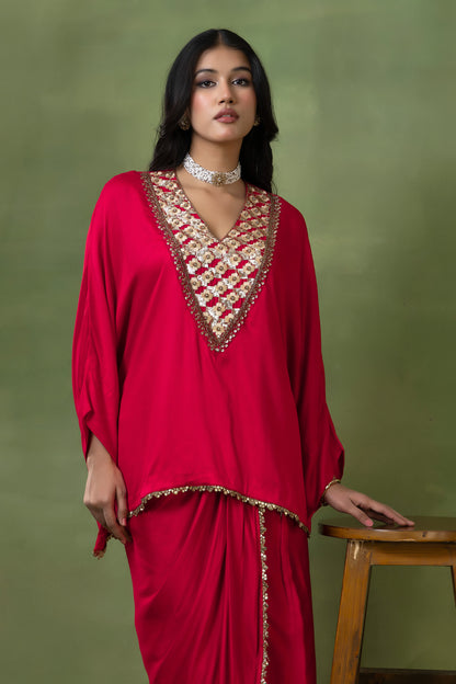 Red Hand-Embroidered Satin Silk Skirt Set with Lace Details