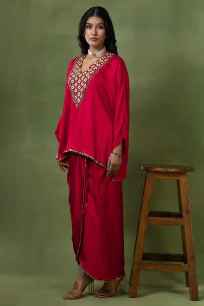 Red Hand-Embroidered Satin Silk Skirt Set with Lace Details