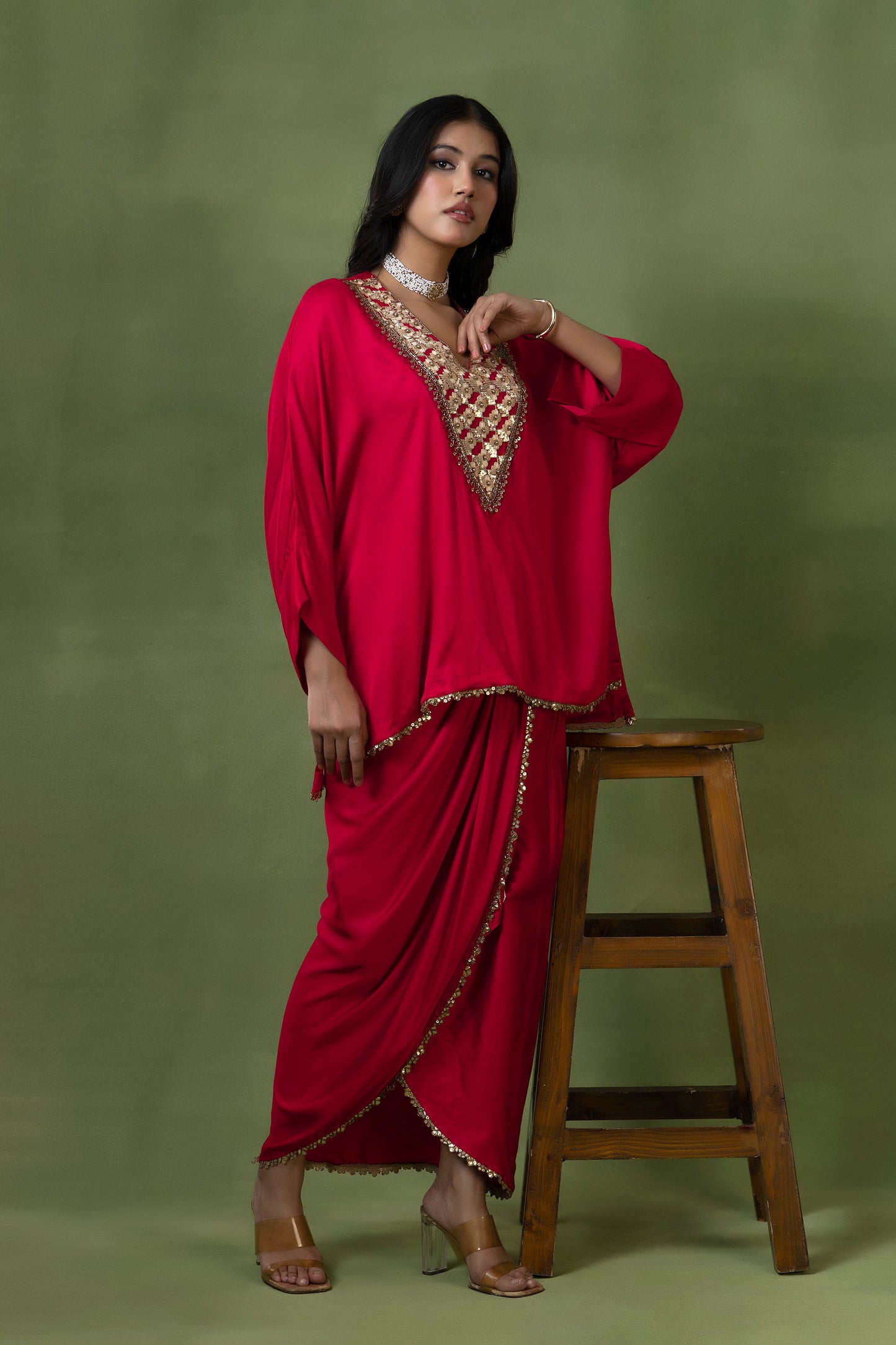 Red Hand-Embroidered Satin Silk Skirt Set with Lace Details