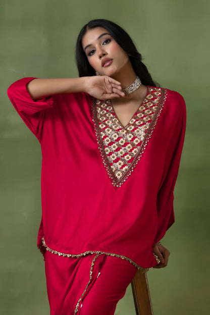 Red Hand-Embroidered Satin Silk Skirt Set with Lace Details