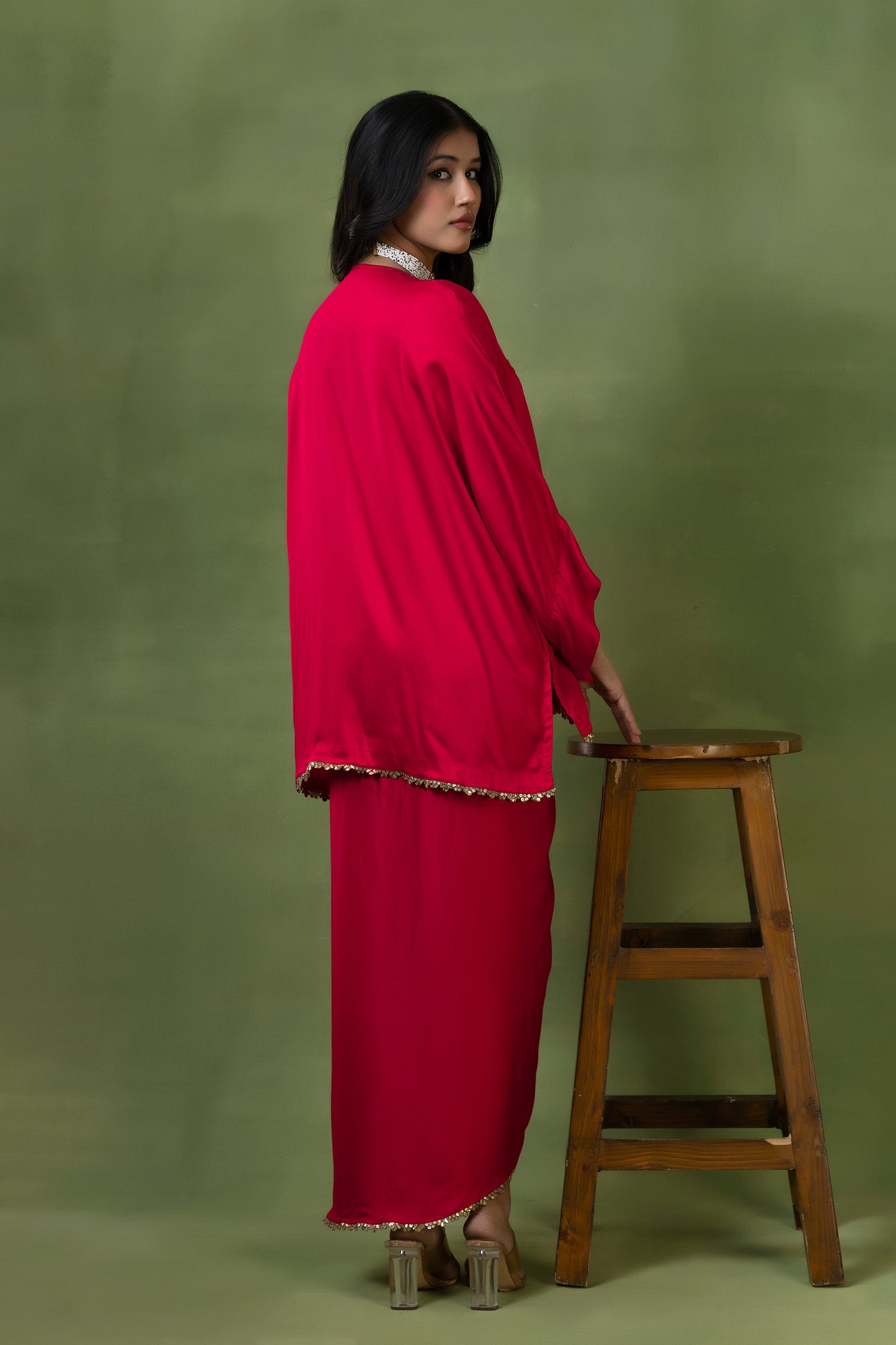 Red Hand-Embroidered Satin Silk Skirt Set with Lace Details