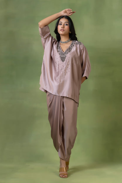 Taupe Hand-Embroidered Satin Silk Skirt Set