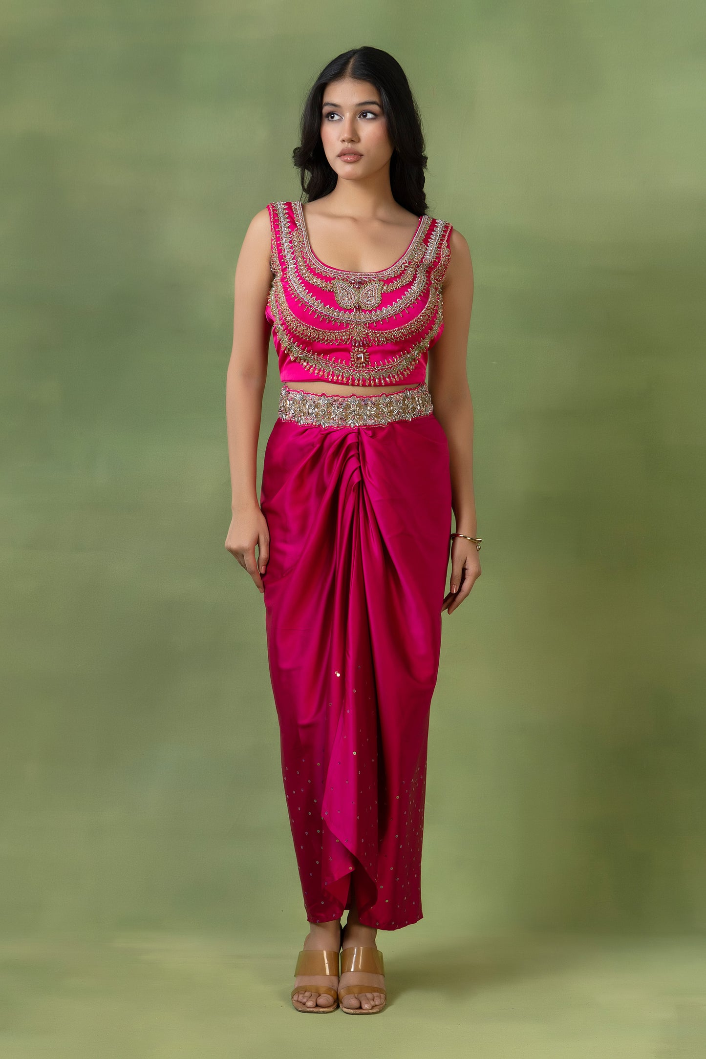 Fluorescent Pink Satin Silk Hand-Embellished Skirt Set with Dupatta