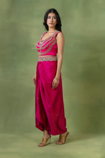 Fluorescent Pink Satin Silk Hand-Embellished Skirt Set with Dupatta